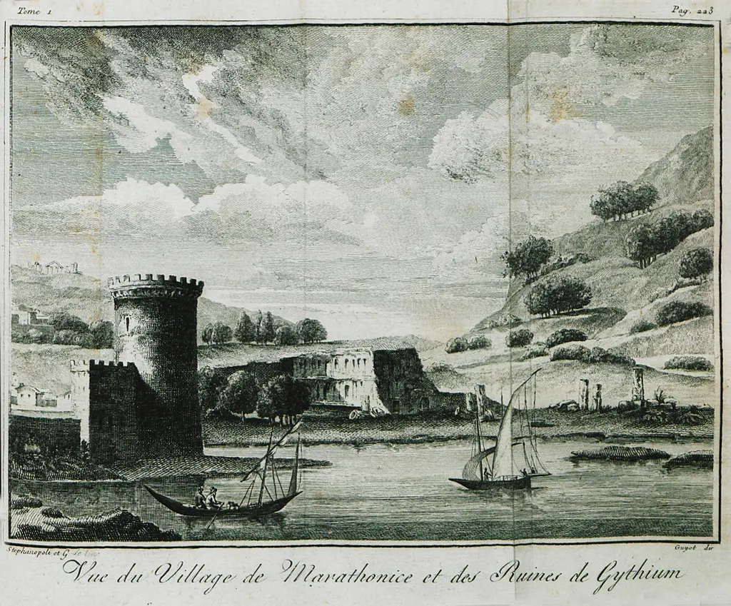 Engraving: a stone tower on the left, ruins on the far shore and two rowing boats
